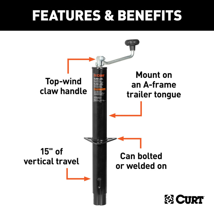 CURT A-Frame Trailer Jack with Top Handle (5,000 lbs, 15" Travel) Model 25007