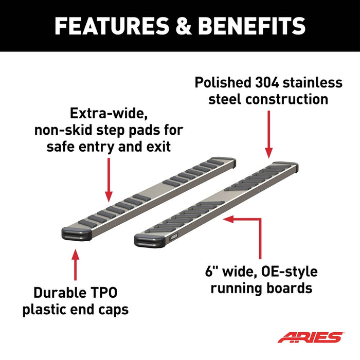 ARIES NovaTrac 6" x 85" Stainless Steel Running Boards, Fits Select Toyota Tundra Model 2553036