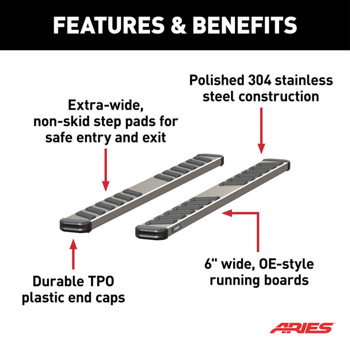 ARIES NovaTrac 6" x 75" Polished Stainless Running Boards, Fits Select RAM 1500 Model 2553031