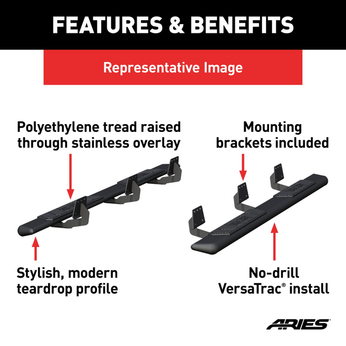 ARIES AscentStep 5-1/2" x 91" Black Steel Running Boards, Select Ram 1500 Crew Cab Model 2558007