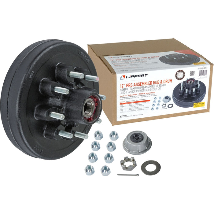 CURT 12" Brake Drum Hub Kit with Installed Bearings - 8 on 6-1/2", 9/16" Studs, 7,000-lb. Axles Model 2024013261