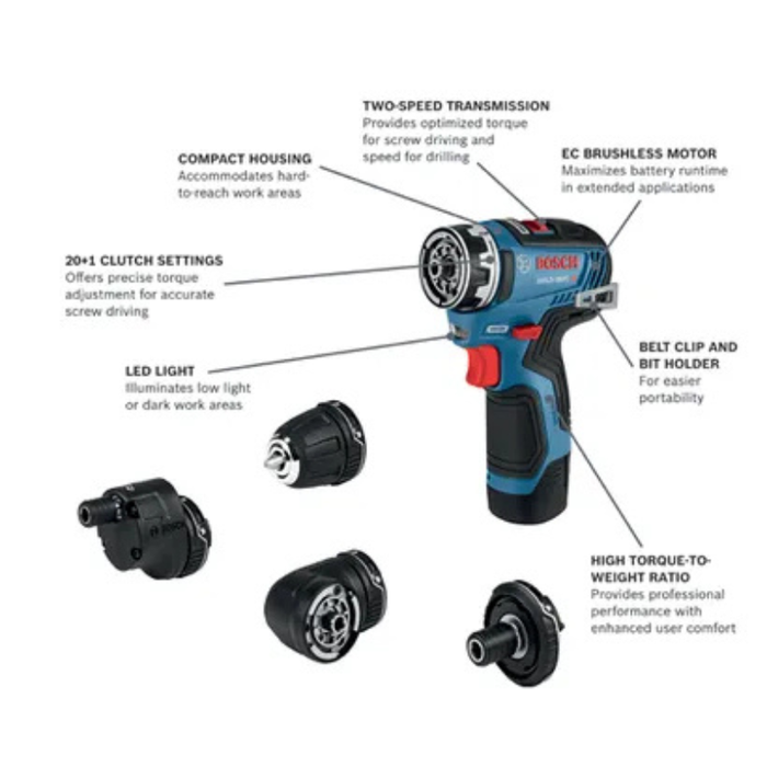 Bosch 12V Max Drill Driver With 5-In-1 Brushless Flexiclick System With (2) 2.0 Ah Batteries Model GSR12V-300FCB22