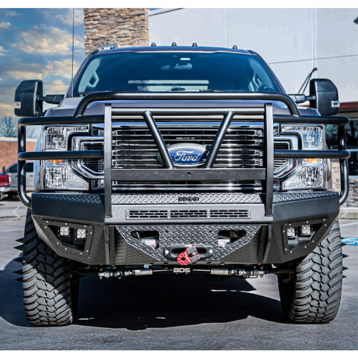 Bodyguard T2 Front Extreme 2017-2022 Ford F250/F350 No Sensors Cutouts Factory Fog Cutouts Winch Mount Skid Plate W/ Mesh Grille With Camera Harness Bare Metal Model EEF17BNWBMH