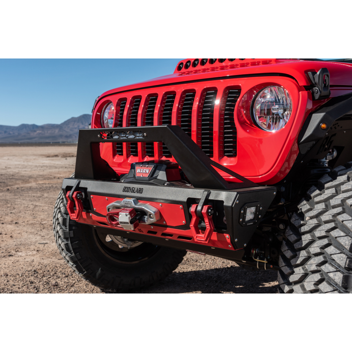 Bodyguard JL Front Bumper Stubby With Push Bar End Cap Light Cutouts With Camera Harness + Pod Bare Metal Model 47077BNB