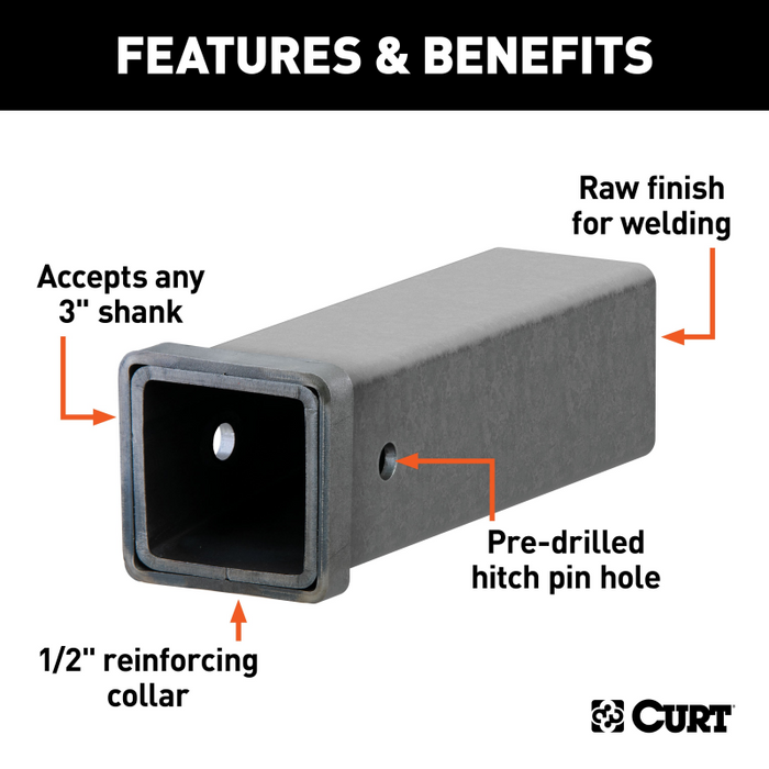 CURT 12" Raw Steel Receiver Tubing - 3" Receiver, 5/8" Pin Hole Model 49517