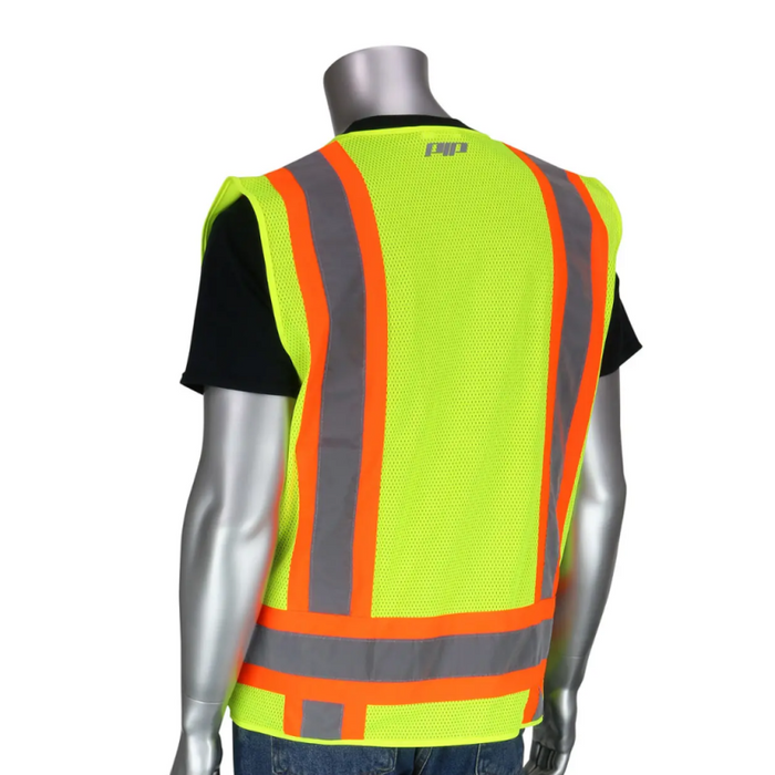 PIP Class 2 Solid/Mesh Vest, Zipper, 8 Pockets, Mic Tab, Two Tone Tape, Lime Yellow, LG Model 302-0500-YEL/L