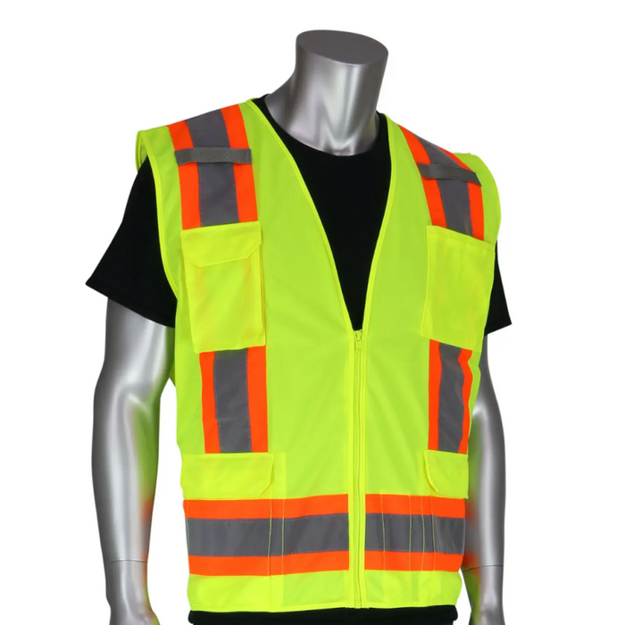 PIP Class 2 Solid/Mesh Vest, Zipper, 8 Pockets, Mic Tab, Two Tone Tape, Lime Yellow, LG Model 302-0500-YEL/L
