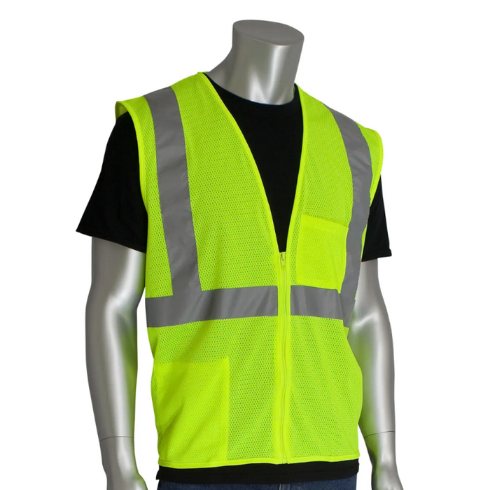 PIP Class 2 Mesh Vest, 2 Pockets, Zipper Closure, 2In. Tape, Lime Yellow, 2XL Model 302-0702Z-LY/2X