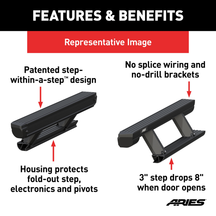 ARIES ActionTrac 83.6" Powered Running Boards, Select Ram 1500, 2500, 3500 Crew Cab Model 3047912