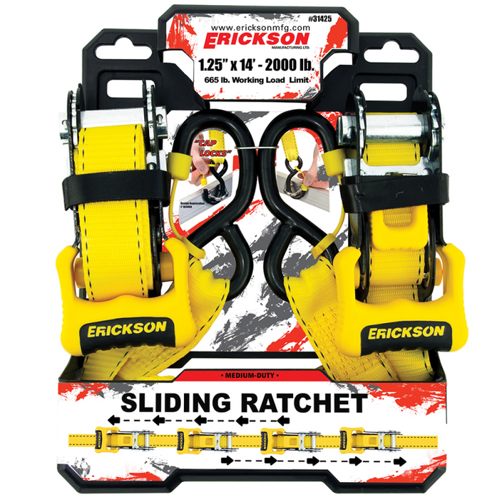 Erickson Manufacturing 2 Pack 1 1/4In X 14Ft  2000Lb Sliding Ratchet Straps With Cap Lock Hooks Yellow Model 31425