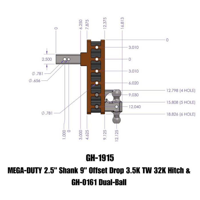 GEN-Y MEGA-DUTY 2.5" Offset Shank 3" Rise, 9" Drop 3.5K TW 32K Hitch & GH-0161 Dual-Ball Model GH-1915