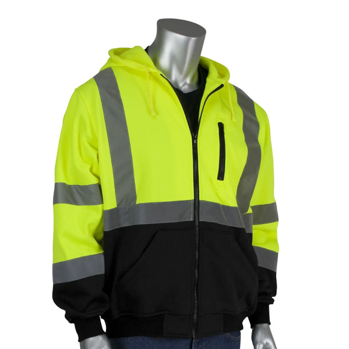 PIP Class 3 Zip Front Hoodie, Black Bottom, Water Repellent, Lime Yellow, XL Model 323-1370B-LY/XL