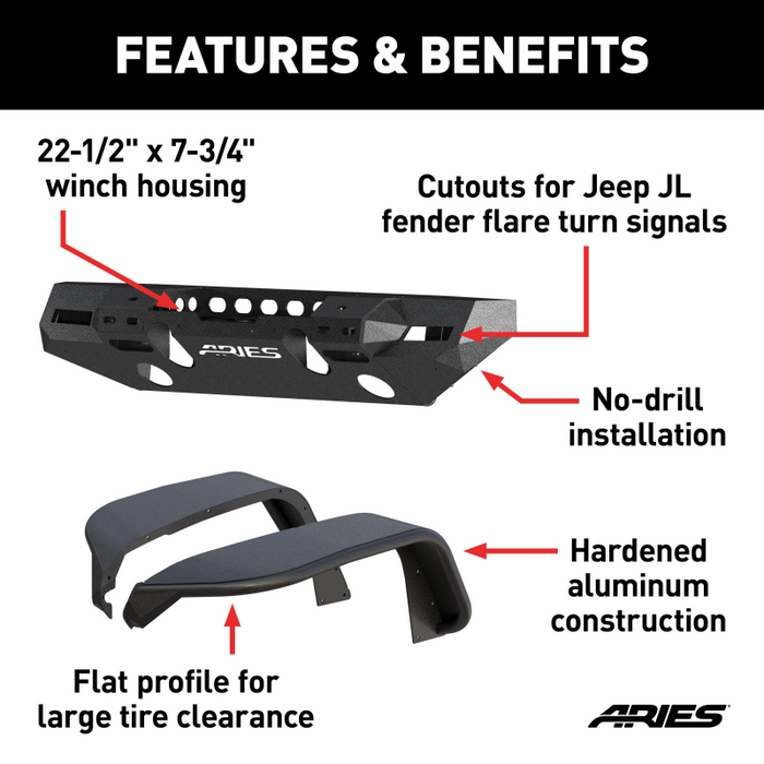ARIES TrailChaser Jeep Wrangler JL Aluminum Front Bumper with Fender Flares (Option 7) Model 2082077
