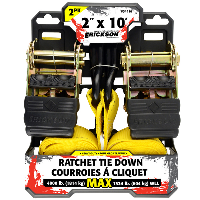 Erickson Manufacturing 2 Pack 2 In x 10Ft 4000 Lb Ratcheting Tie Downs With Double J-Hooks Yellow Model 34410
