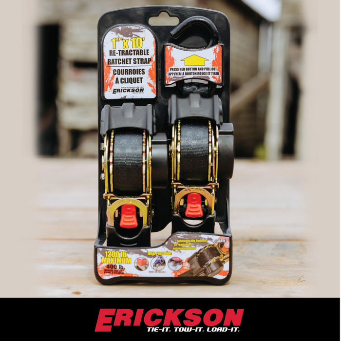Erickson Manufacturing 2 Pack 1 In X 10Ft 1200Lb Re-Tractable Ratchet Tie Downs Black Model 34415