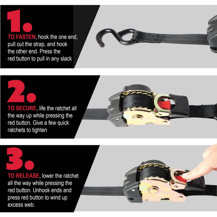 Erickson Manufacturing 2 Pack 1 In X 10Ft 1200Lb Re-Tractable Ratchet Tie Downs Black Model 34415