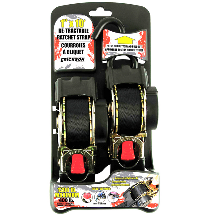 Erickson Manufacturing 2 Pack 1 In X 10Ft 1200Lb Re-Tractable Ratchet Tie Downs Black Model 34415
