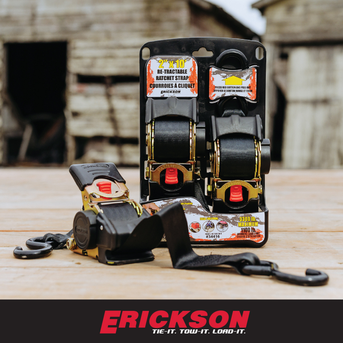 Erickson Manufacturing 2 Pack 2 In X 10Ft 3300Lb Retractable Ratchet Tie Downs Black Model 34416