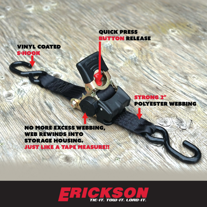 Erickson Manufacturing 2 Pack 2 In X 10Ft 3300Lb Retractable Ratchet Tie Downs Black Model 34416