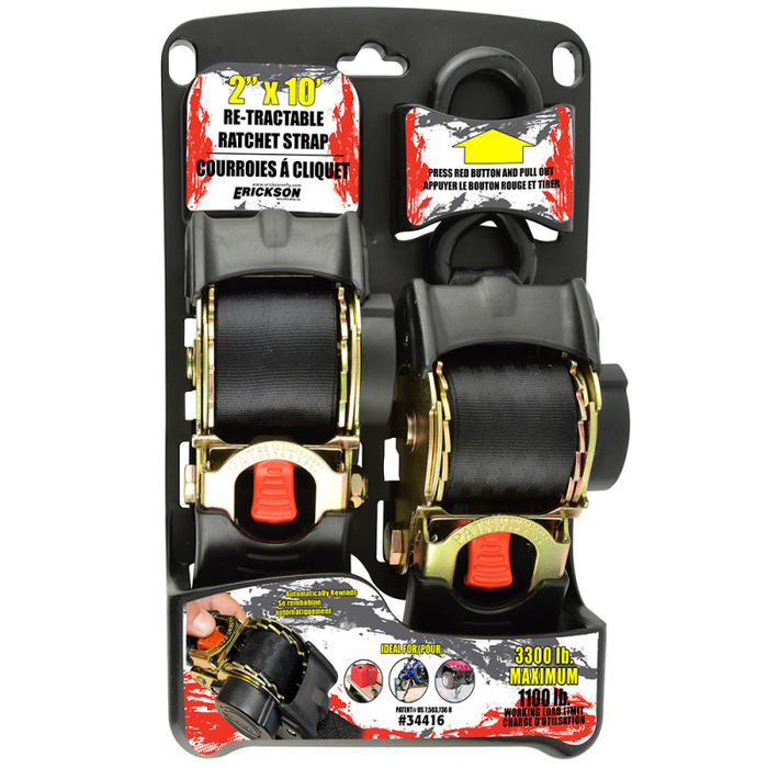 Erickson Manufacturing 2 Pack 2 In X 10Ft 3300Lb Retractable Ratchet Tie Downs Black Model 34416