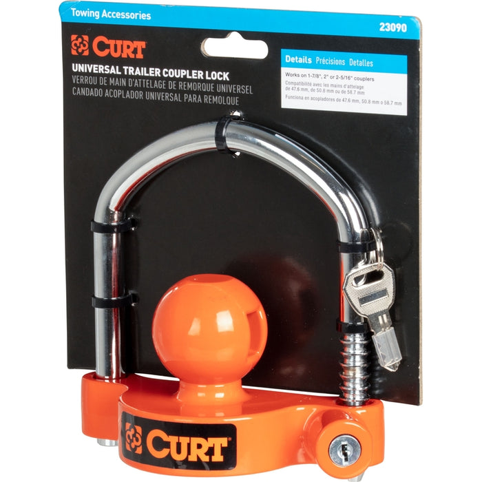 CURT Universal Trailer Coupler Lock, Bright Orange, Fits Couplers with 1-7/8", 2" or 2-5/16" Ball Diameter Model 23090