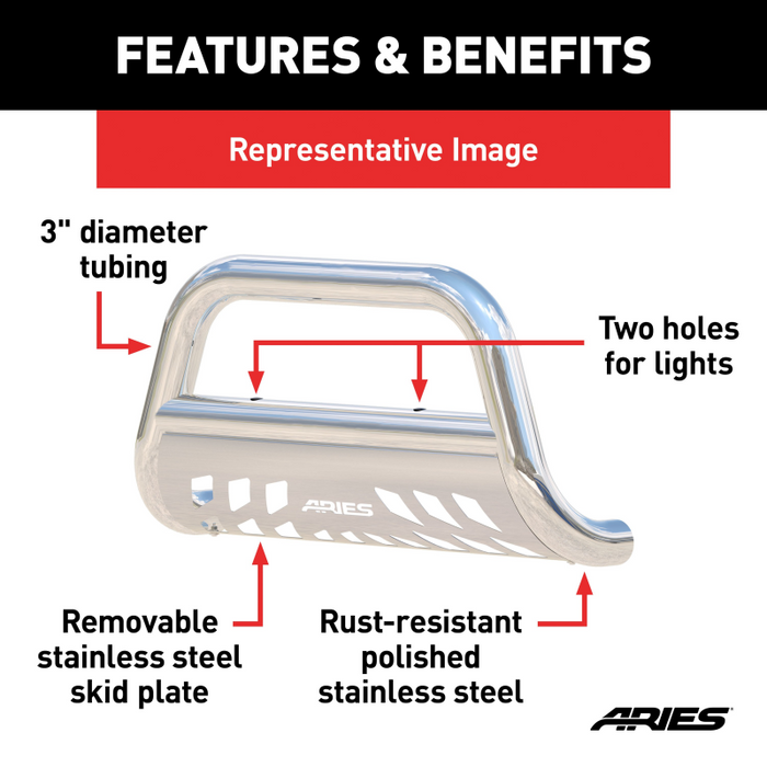 ARIES 3" Polished Stainless Bull Bar, Fits Select Chevrolet, GMC C, K, Suburban, Tahoe Model 35-4009
