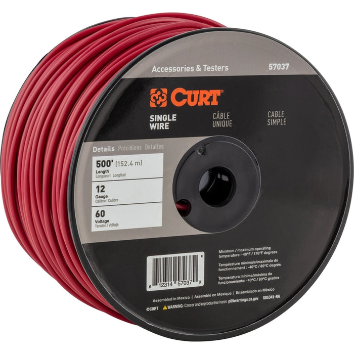 CURT Automotive Primary Wire, Red 500-Foot Trailer Wiring Spool, 60-Volt, 12-Gauge Model 57037