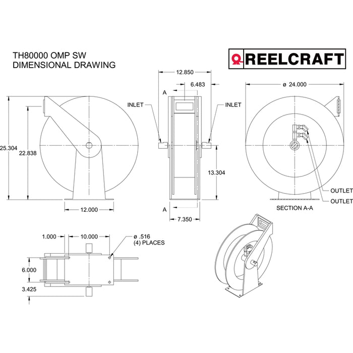 ReelCraft Series TH 1/2 in. x 50 ft. Twin Hydraulic Hose Reel - 2000 PSI Model TH88050OMP