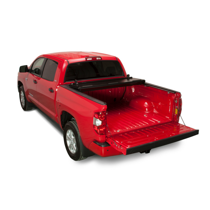 BAK BAKFlip FiberMax Hard Folding Truck Bed Cover - Rail Mounts Near Top of Bed Rail - Rails Can Be Lowered Using Drop Down Brackets - 22-24 Toyota Tundra 5' 7" Bed with or without Deck Rail System w/out Trail Special Edition Storage Boxes Model 1126440