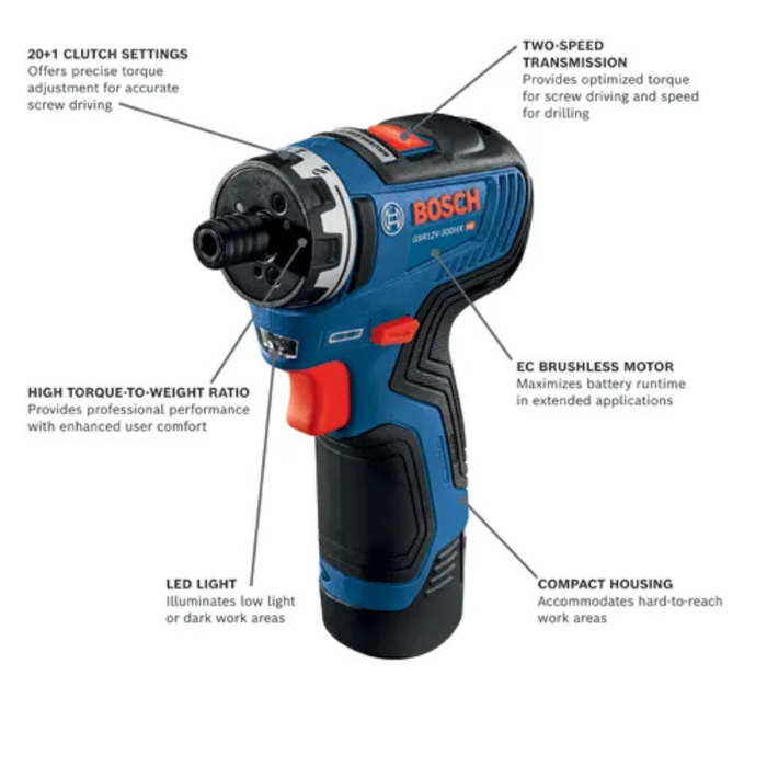 Bosch 12V Max Brushless 1/4 In, Hex Two-Speed Screwdriver Kit with (2) 2.0 Ah Batteries Model GSR12V-300HXB22