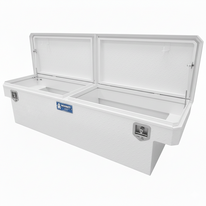 Merritt Crossover Tool Box Standard Depth 14"H x 20"D x 60"L Diamond Plate White Double Lid Mid Size Trucks Model 710213-115