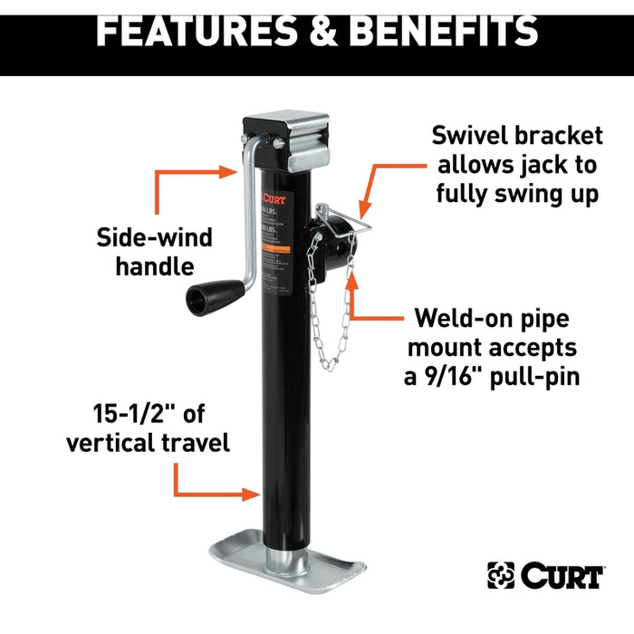 CURT Weld-On Pipe-Mount Swivel Trailer Tongue Jack, 5,000 lbs. Support Capacity, 15-1/2 Inches Vertical Travel Model 25005