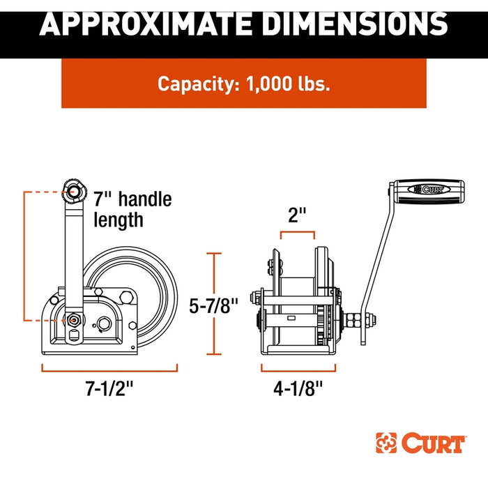 CURT Hand-Crank Brake Winch, 1,000 lbs, 4.2:1 Gear Ratio, 7" Handle Model 29610