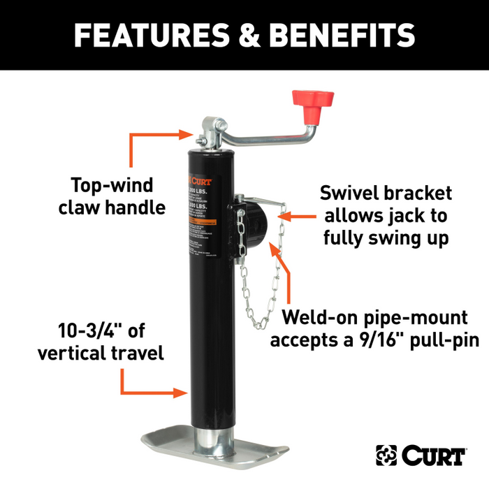 CURT Pipe-Mount Swivel Trailer Jack with Top Handle 5,000 lbs, 10" Travel Model 25006