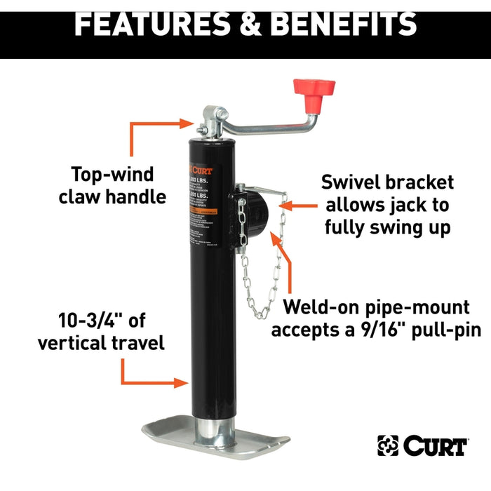 CURT Weld-On Pipe-Mount Swivel Trailer Tongue Jack, 5,000 lbs. Support Capacity, 10-3/4 Inches Vertical Travel Model 25006