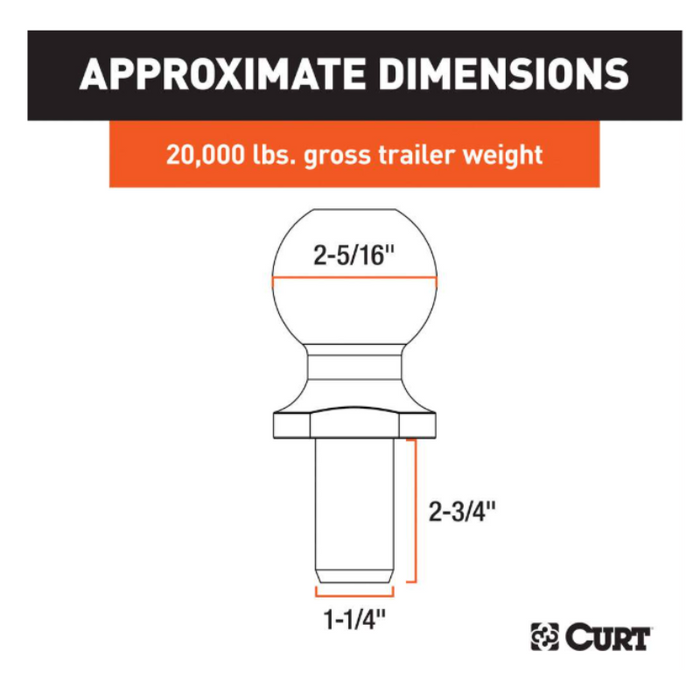 CURT 2-5/16" Trailer Ball (1-1/4" x 2-3/4" Shank, 20,000 lbs., Chrome) Model 40109