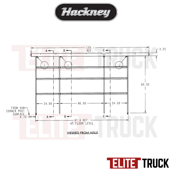 Hackney Van Shelving with Pipe Shelf for Driver Side Ford Transit  24"-46"-24"  148"WB EXT HR Van