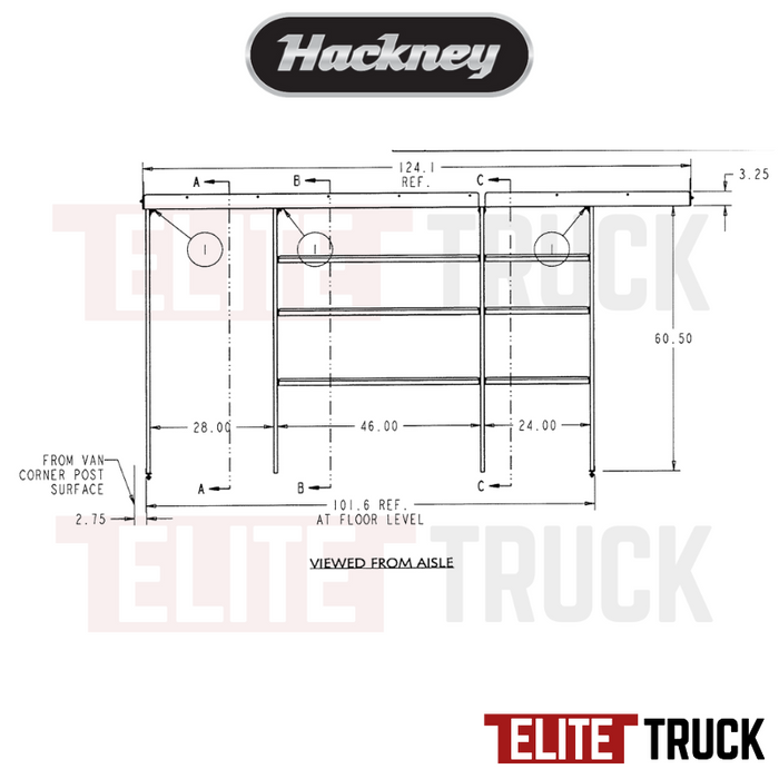 Hackney Van Shelving with Pipe Shelf for Driver Side Ford Transit 24"-46"-(28" Open) 148" WB EXT HR Van