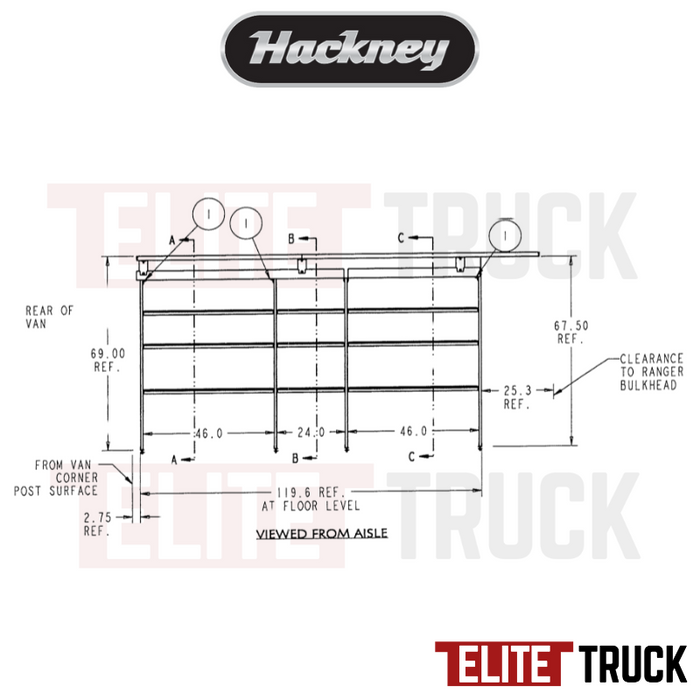 Hackney Van Shelving with Pipe and Ladder Shelf for Driver Side Ford Transit 46"-24"-46" 148"WB HR EXT HR Van
