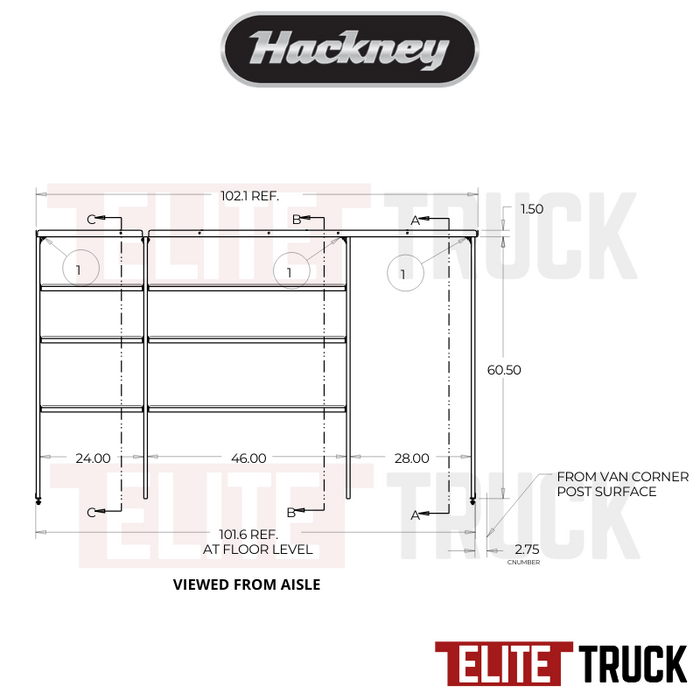 Hackney Van Shelving with Ladder Shelf for Curb Side Ford Transit 24"-46"-(28" Open) 148"WB EXT HR Van