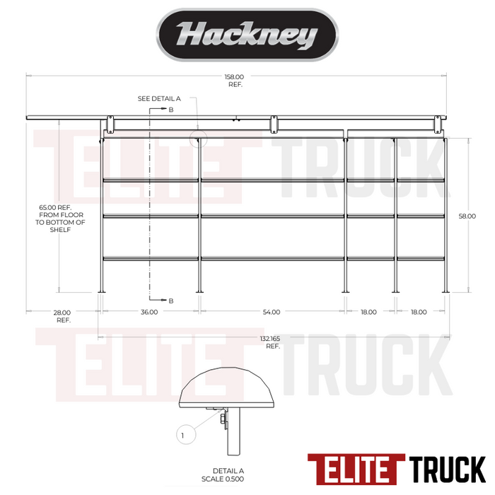 Hackney Van Shelving with Pipe and Ladder Shelf for Curb Side for Box Truck 18-18-54-36-(28 Open) 23" Deep