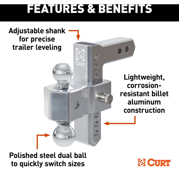 CURT AlumaLite Adjustable Aluminum Trailer Hitch with Dual Ball, 7-1/2" Drop, 12,500 lbs. GTW, 2" & 2-5/16" Balls Model 45365
