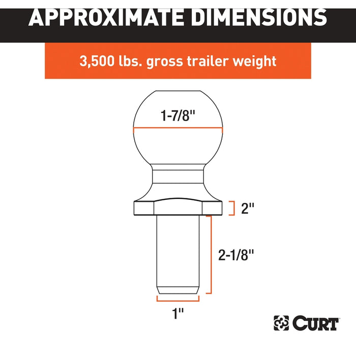 CURT Chrome Trailer Hitch Ball, 3,500 lbs, 2-Inch Rise, 1-7/8-Inch Diameter, 1 x 2-1/8-Inch Shank Model 40032