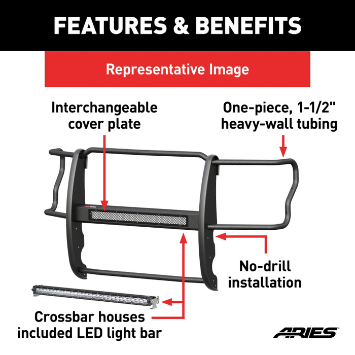 ARIES Pro Series Black Steel Grille Guard with Light Bar, Fits Select Jeep JL, Gladiator Model 2170032