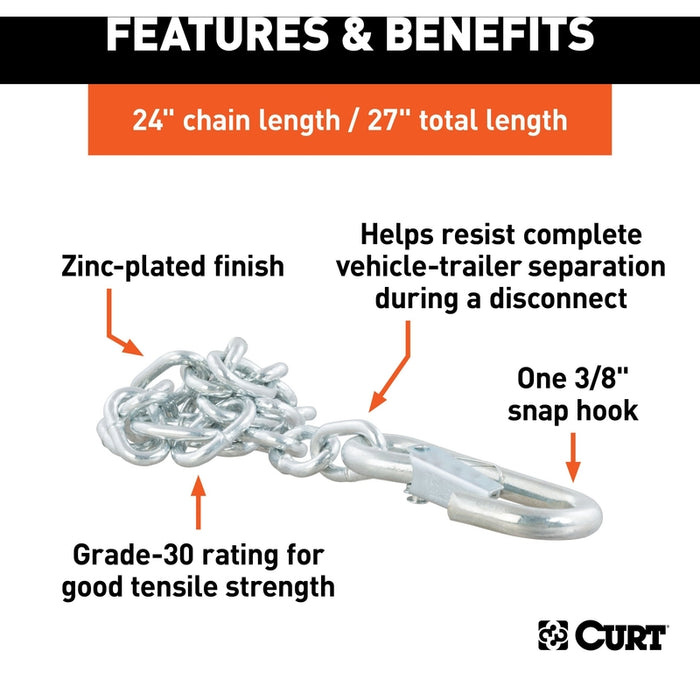 CURT 27-Inch Trailer Safety Chain with 3/8-In Snap Hook, 2,000 lbs Break Strength Model 80312