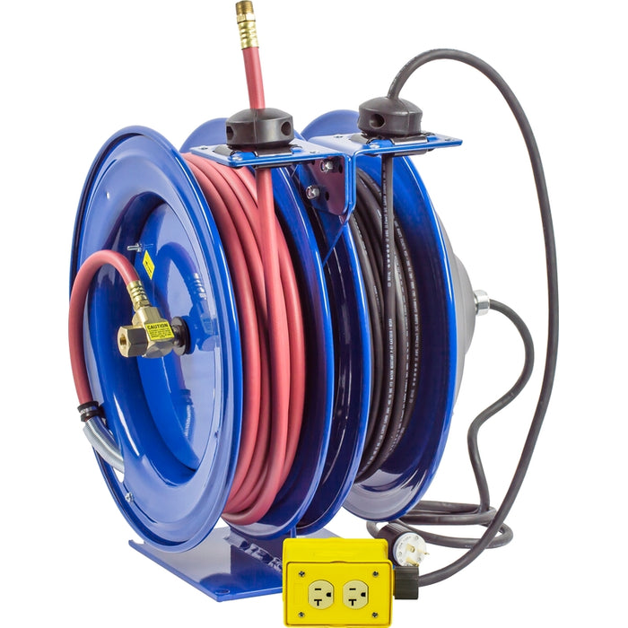 Coxreels Dual C Air-Electric Series Purpose Spring Rewind Reels 3/8 in. x 50 ft. - Quad Receptacle 12 AWG x 50 ft. - 20 Amps 300 PSI Hose Included Model C-L350-5012-B