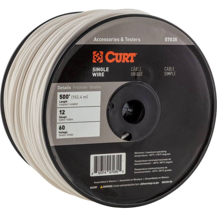 CURT Automotive Primary Wire, White 500-Foot Trailer Wiring Spool, 60-Volt, 12-Gauge Model 57035