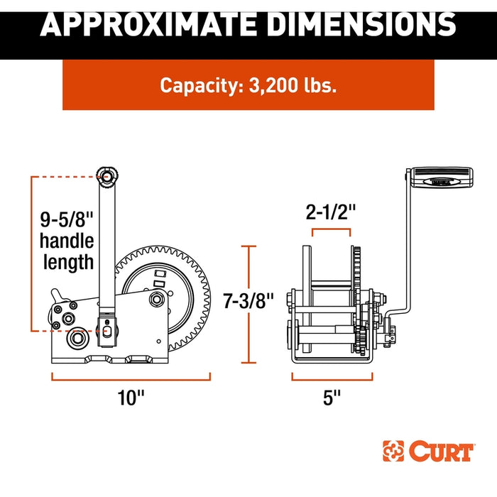 CURT Hand-Crank 2-Speed Winch, 3,200 lbs, 5.4:1 High, 17.5:1 Low Gear Ratio, 9.6" Handle Model 29532