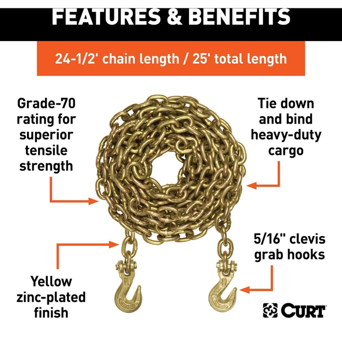 CURT 25-Foot Transport Binder Chain, 5/16-Inch Clevis Hooks, 18,800 lbs Break Strength, Load Tie-Down, Trailer, Flatbed Model 80308