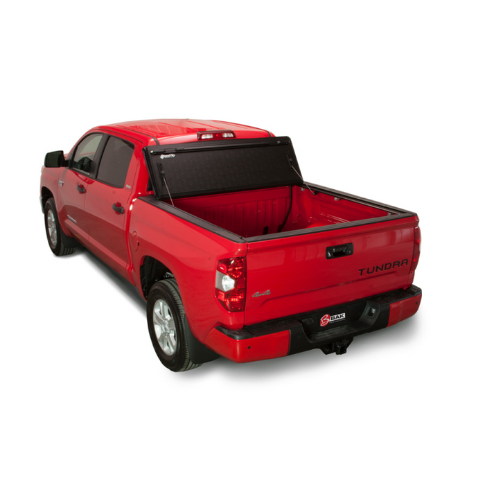 BAK BAKFlip FiberMax Hard Folding Truck Bed Cover - Rail Mounts Near Top of Bed Rail - Rails Can Be Lowered Using Drop Down Brackets - 22-24 Toyota Tundra 5' 7" Bed with or without Deck Rail System w/out Trail Special Edition Storage Boxes Model 1126440